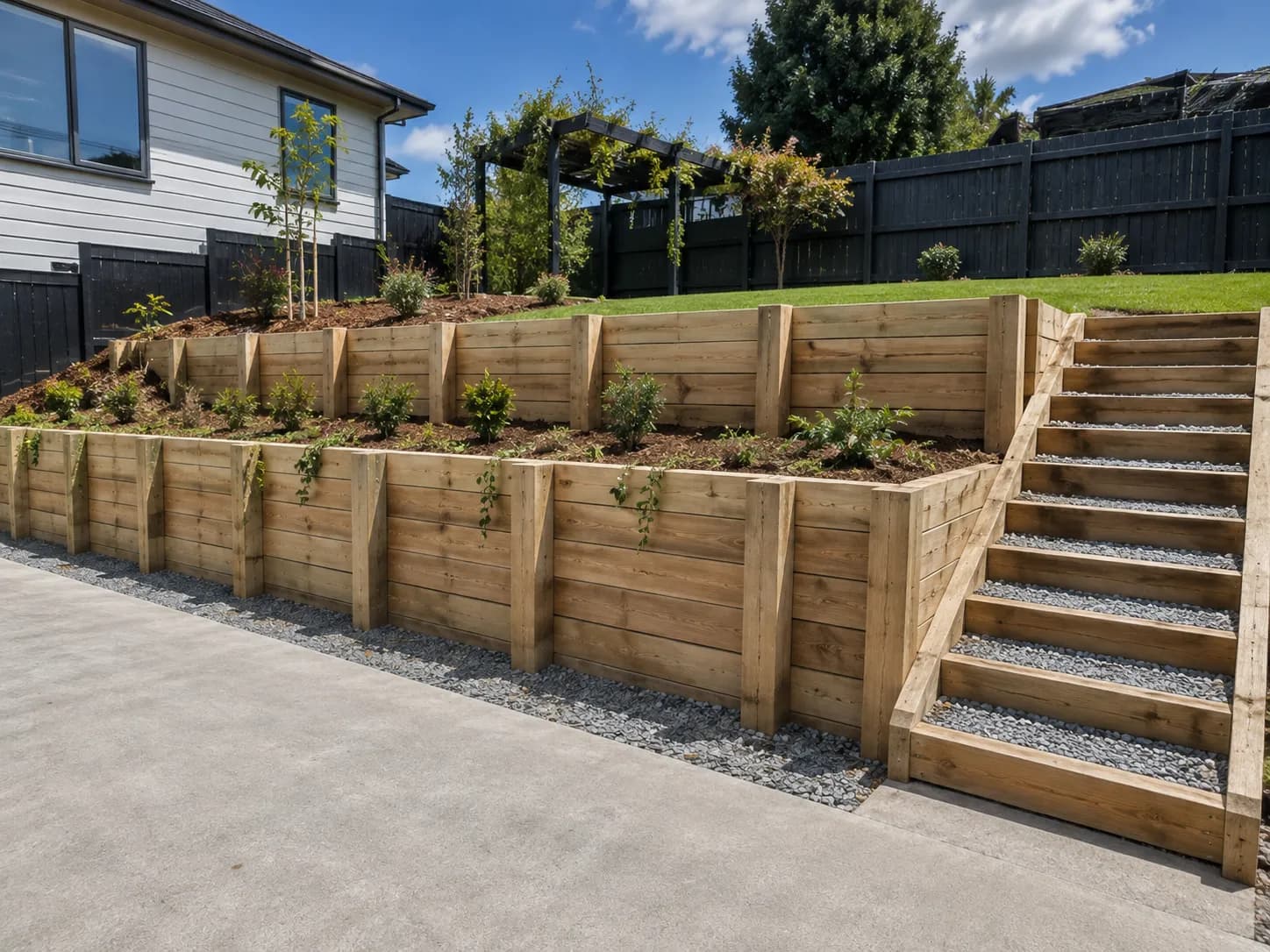 A retaining wall built by Finer Builds.