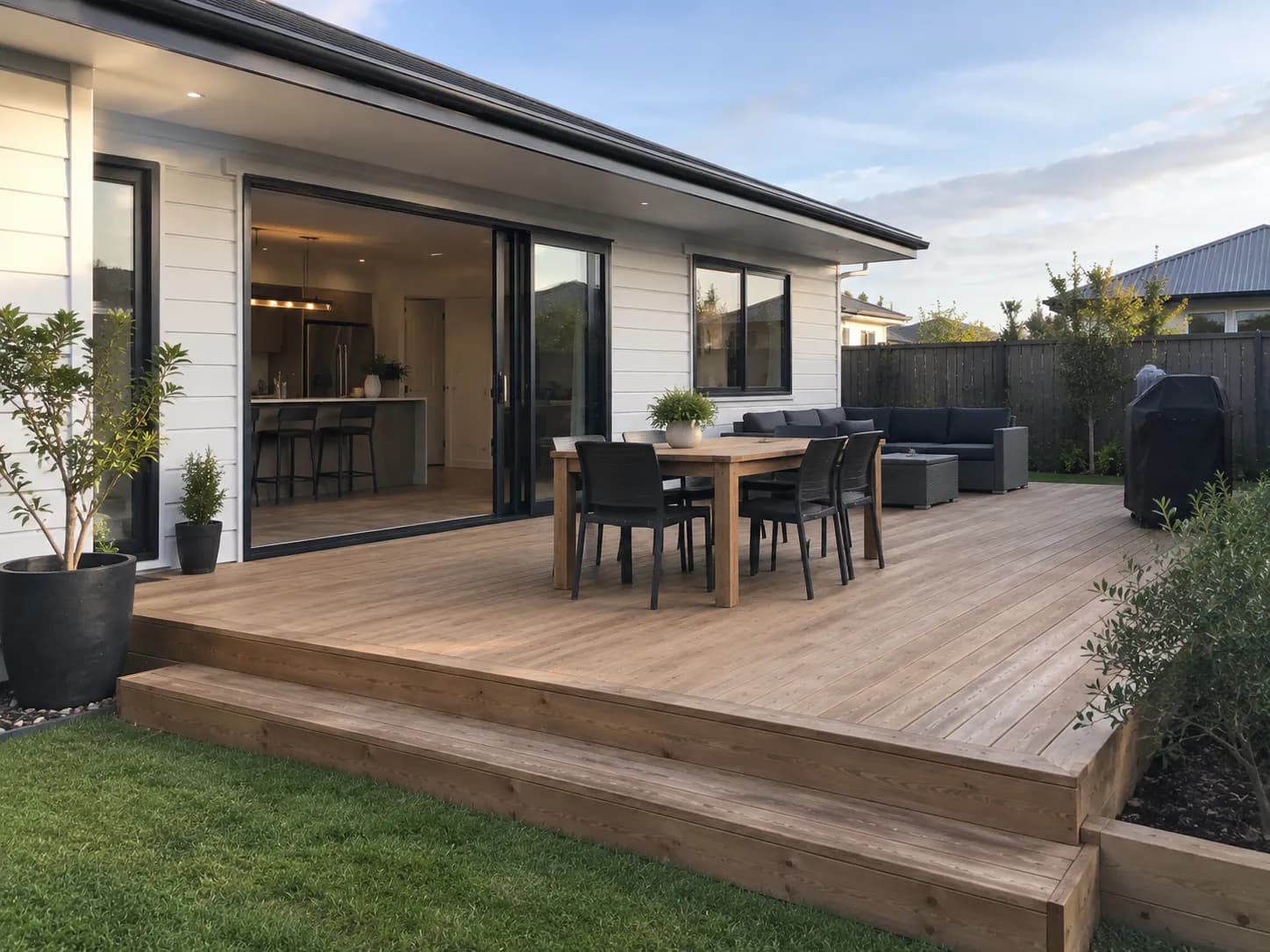 A low-maintenance composite deck finished by Finer Builds.