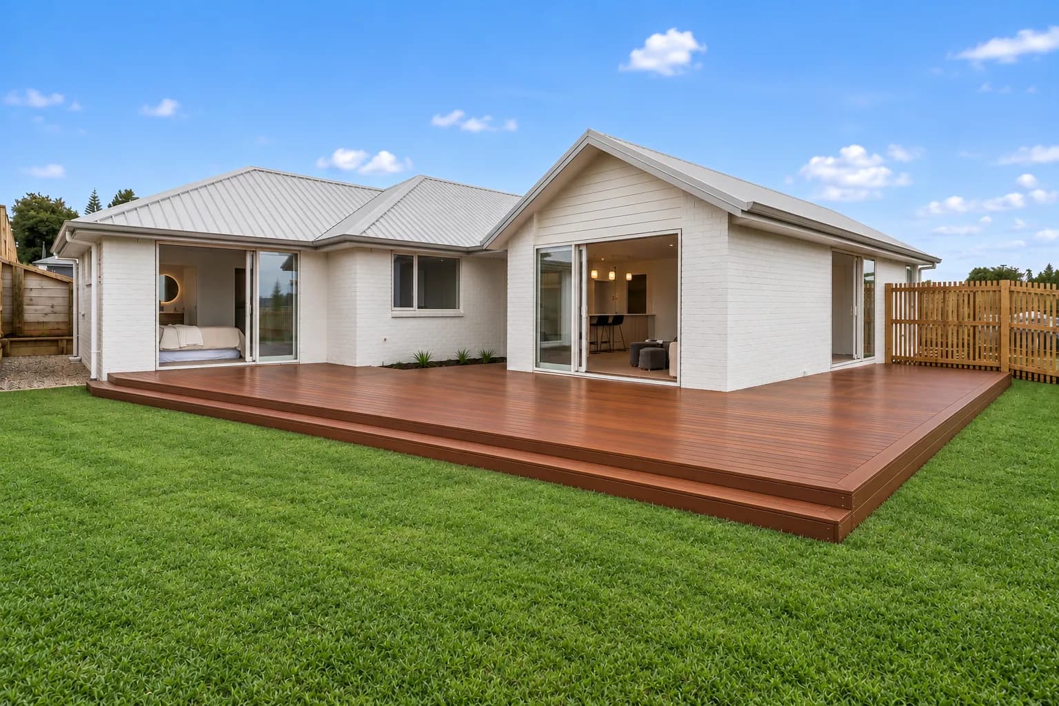 A Kwila hardwood timber deck built by Finer Builds in Cambridge.