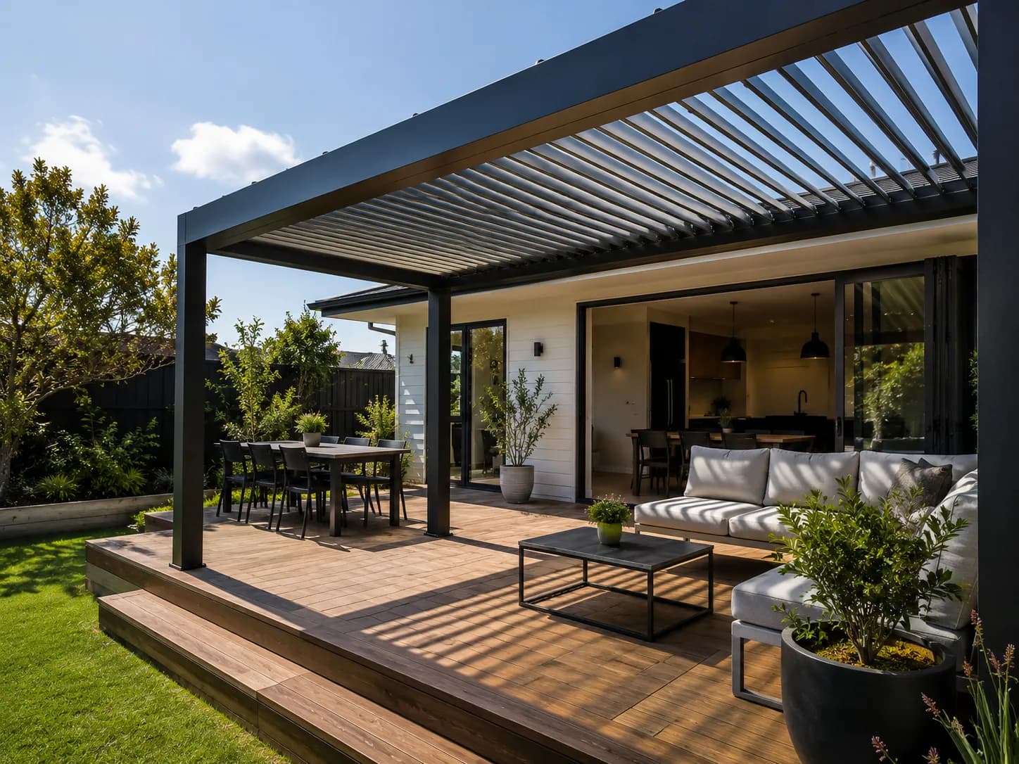 A craftsman-built pergola over an outdoor living area by Finer Builds.