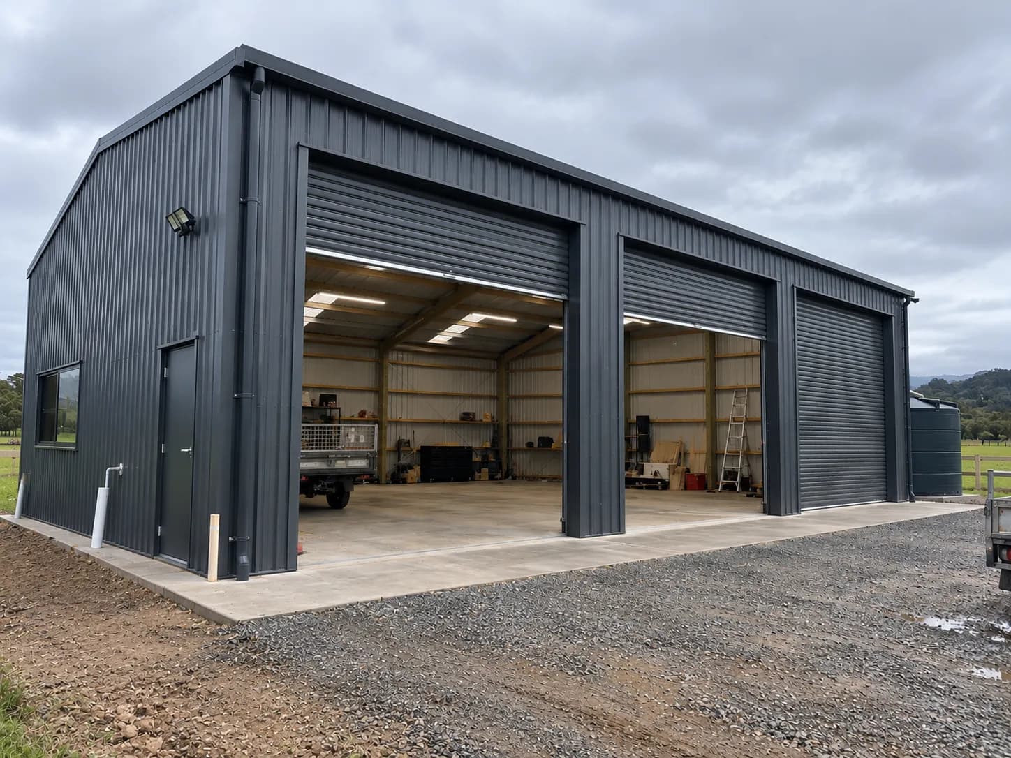 A pole shed workshop built by Finer Builds.