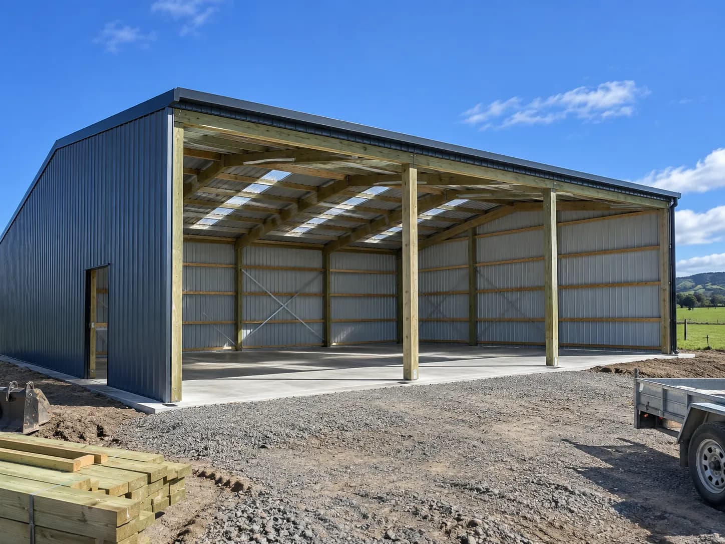 An open-bay pole shed built by Finer Builds on a rural Waikato site.