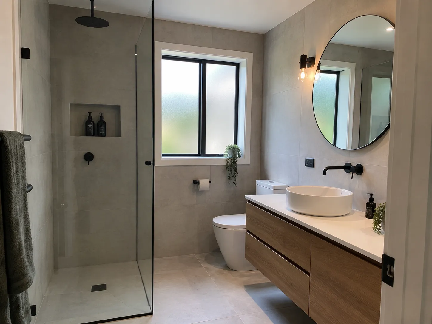 A Finer Builds bathroom renovation with a modern vanity, mirror, and glass shower.
