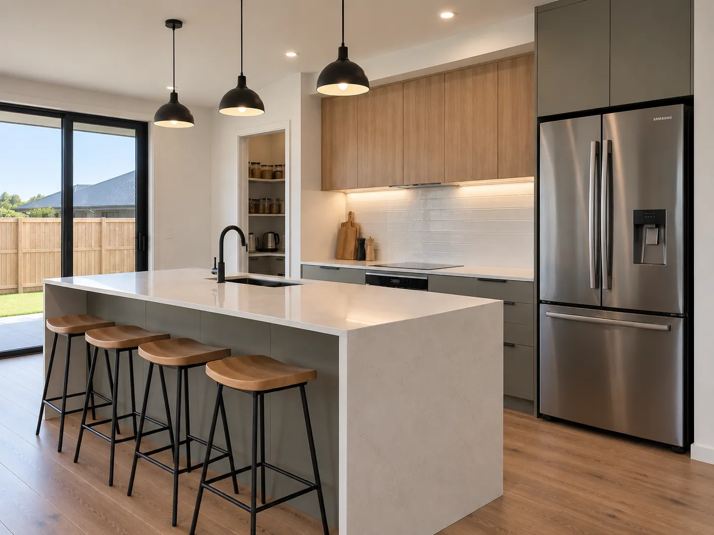 A Finer Builds kitchen renovation with a stone waterfall island, bar seating, and timber cabinetry.